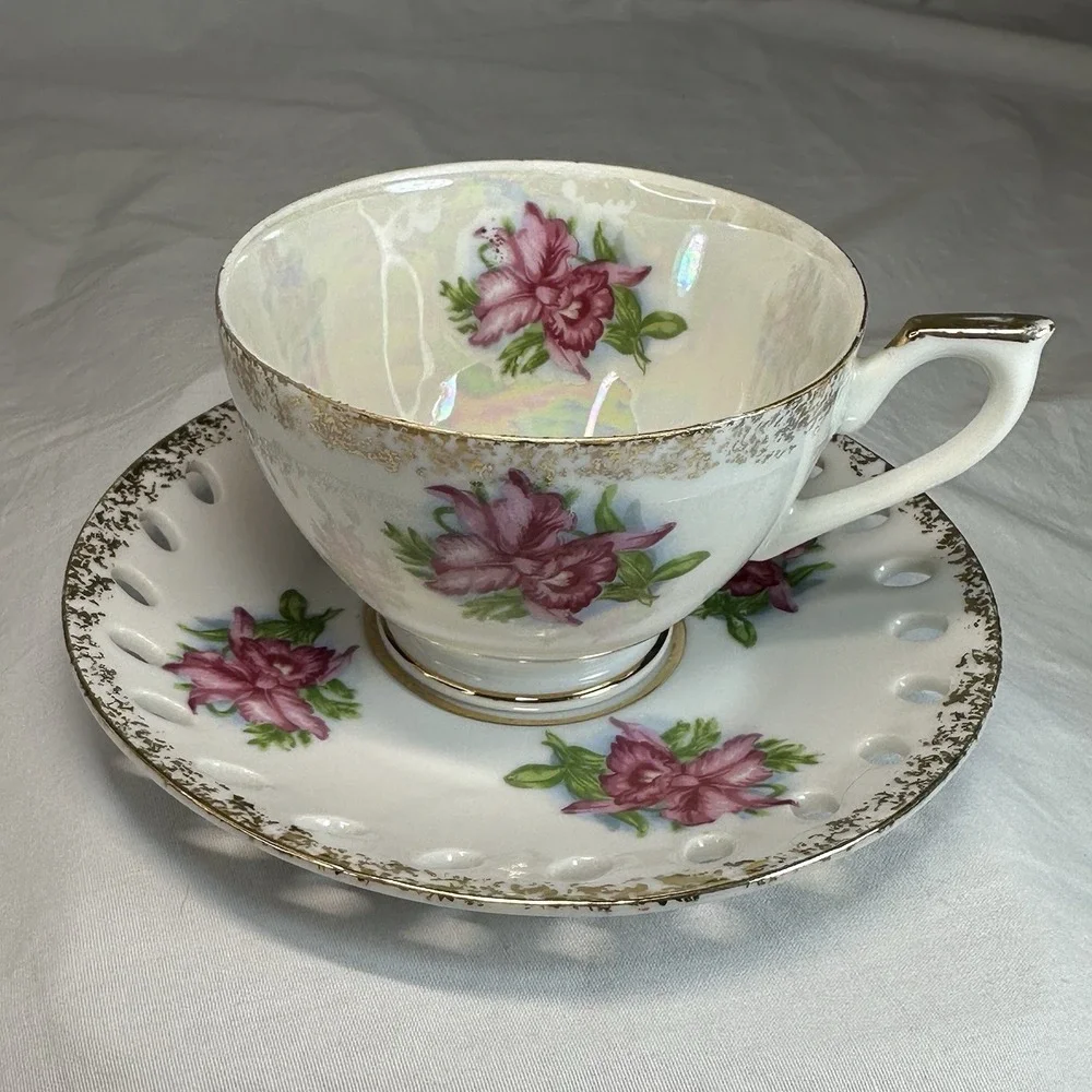 Iridescent Pink Orchid Tea Cup Reticulated Saucer‎ Lusterware Grandmillennial
